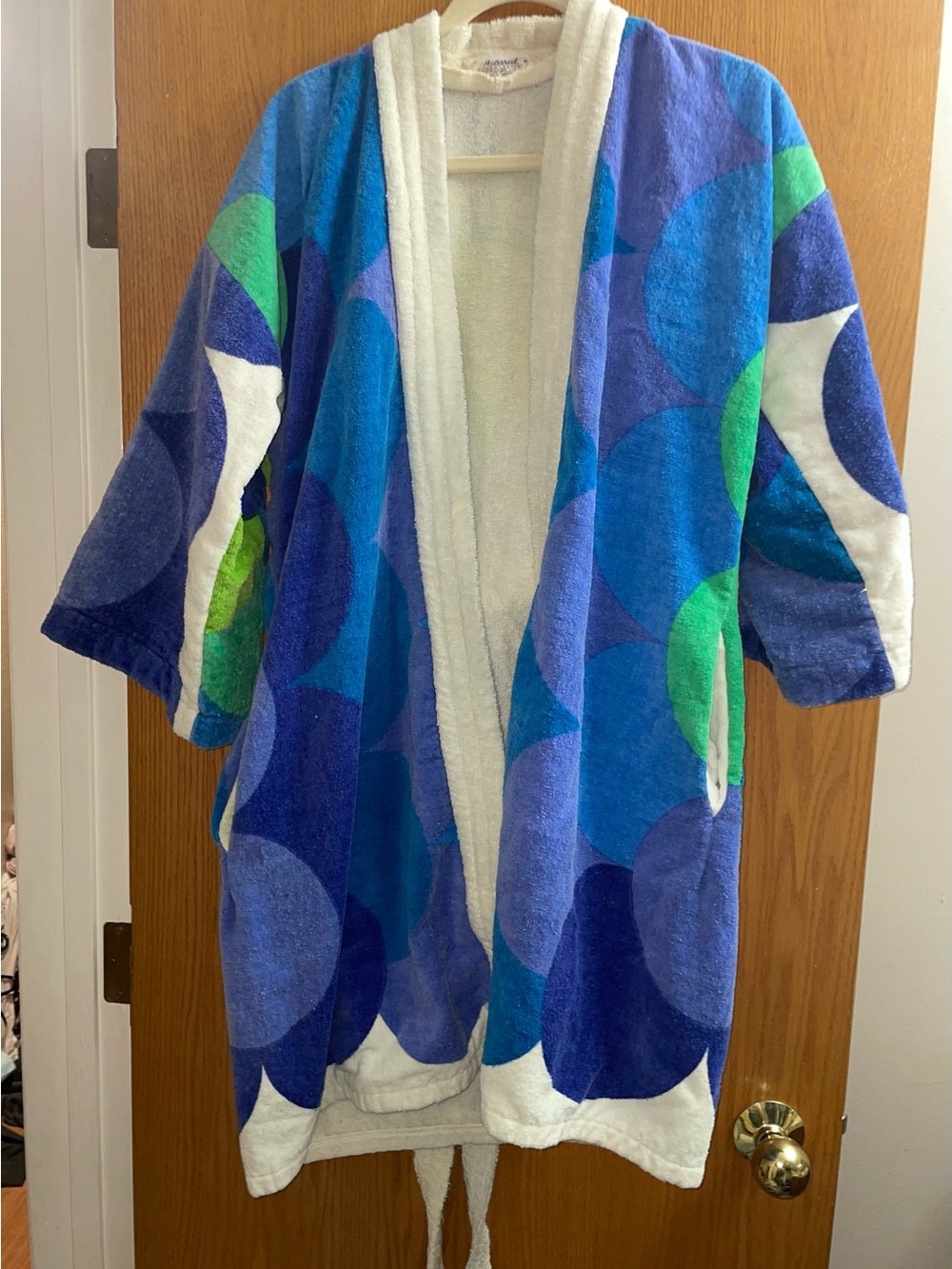 Vintage 70s 80s Hilasal Terry Cloth Blue Geometric Beach Towel Bath Robe S/M